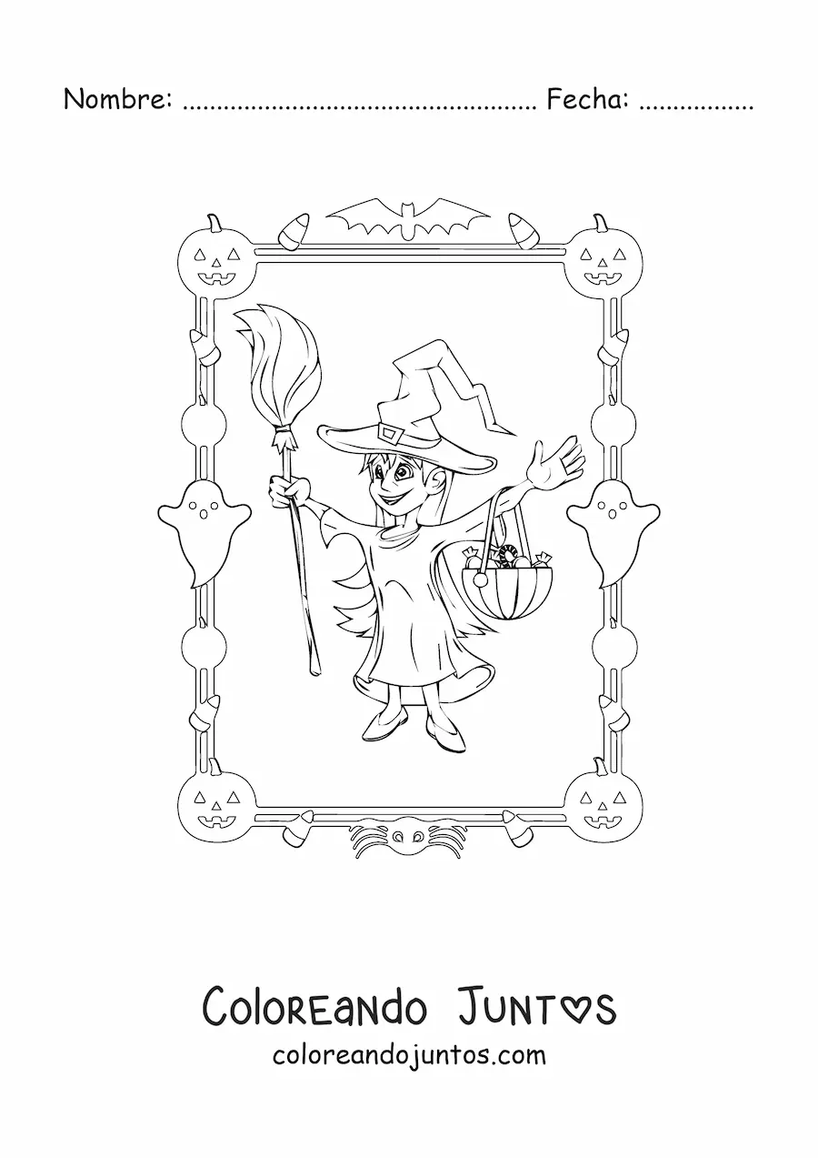 Imagen para colorear de niña disfrazada de bruja pidiendo dulces en Halloween