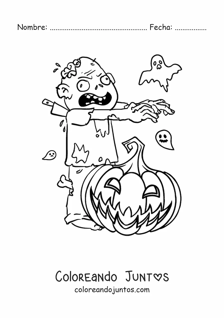 Imagen para colorear de zombie con calabaza de Halloween