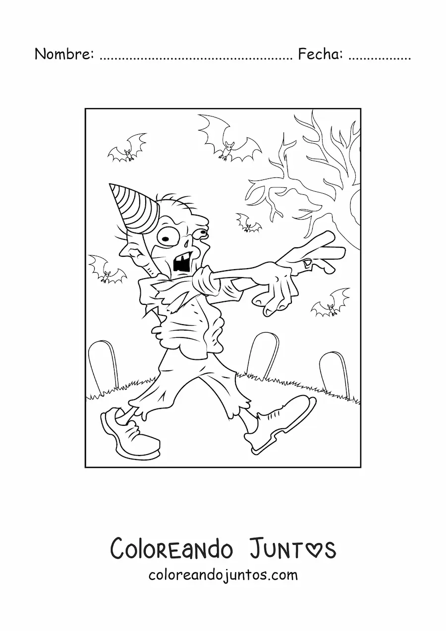 Imagen para colorear de zombie animado caminando con gorro de fiesta