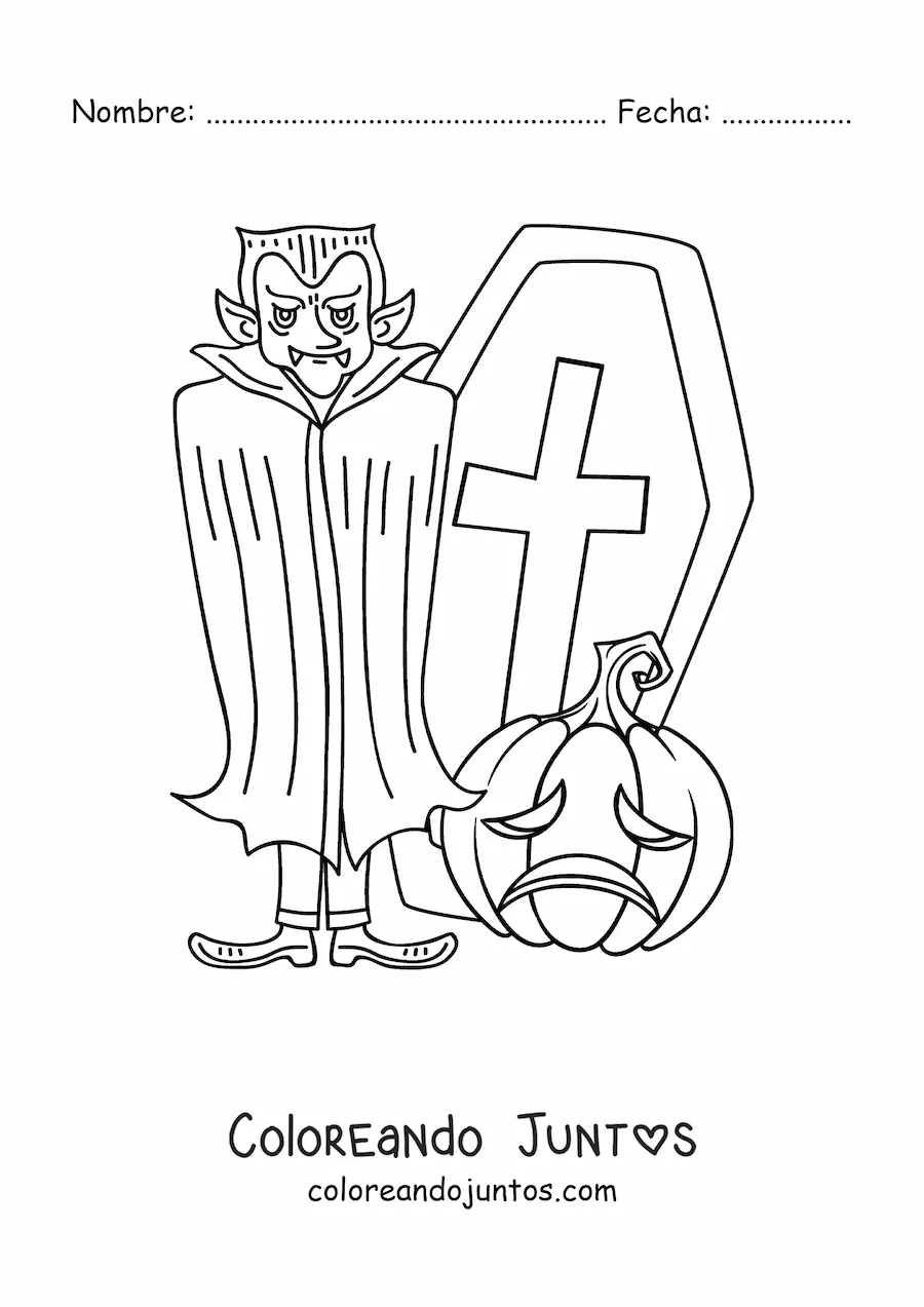 Imagen para colorear de conde Drácula con tumba y calabaza de Halloween