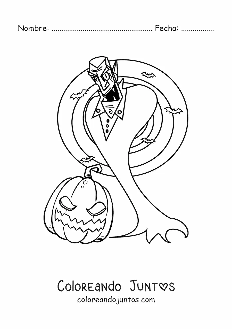 Imagen para colorear de conde Drácula con murciélagos y calabaza de Halloween