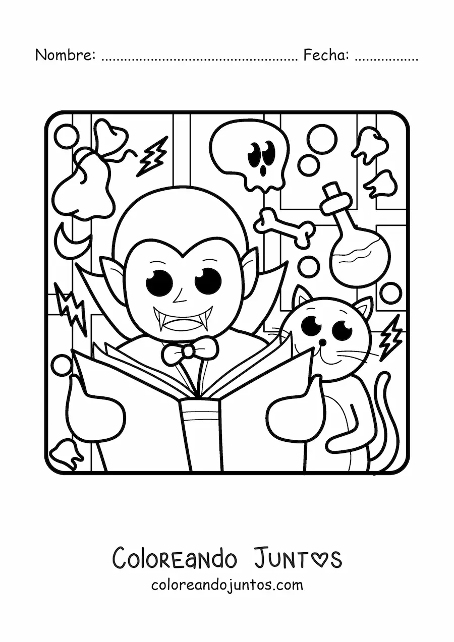 Imagen para colorear de vampiro kawaii en Halloween con libro y un gato