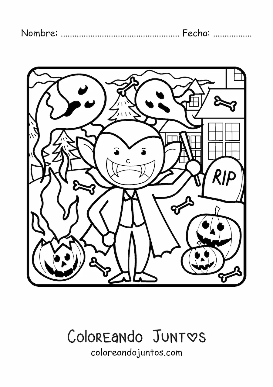 Imagen para colorear de vampiro kawaii en Halloween con fantasmas y calabazas