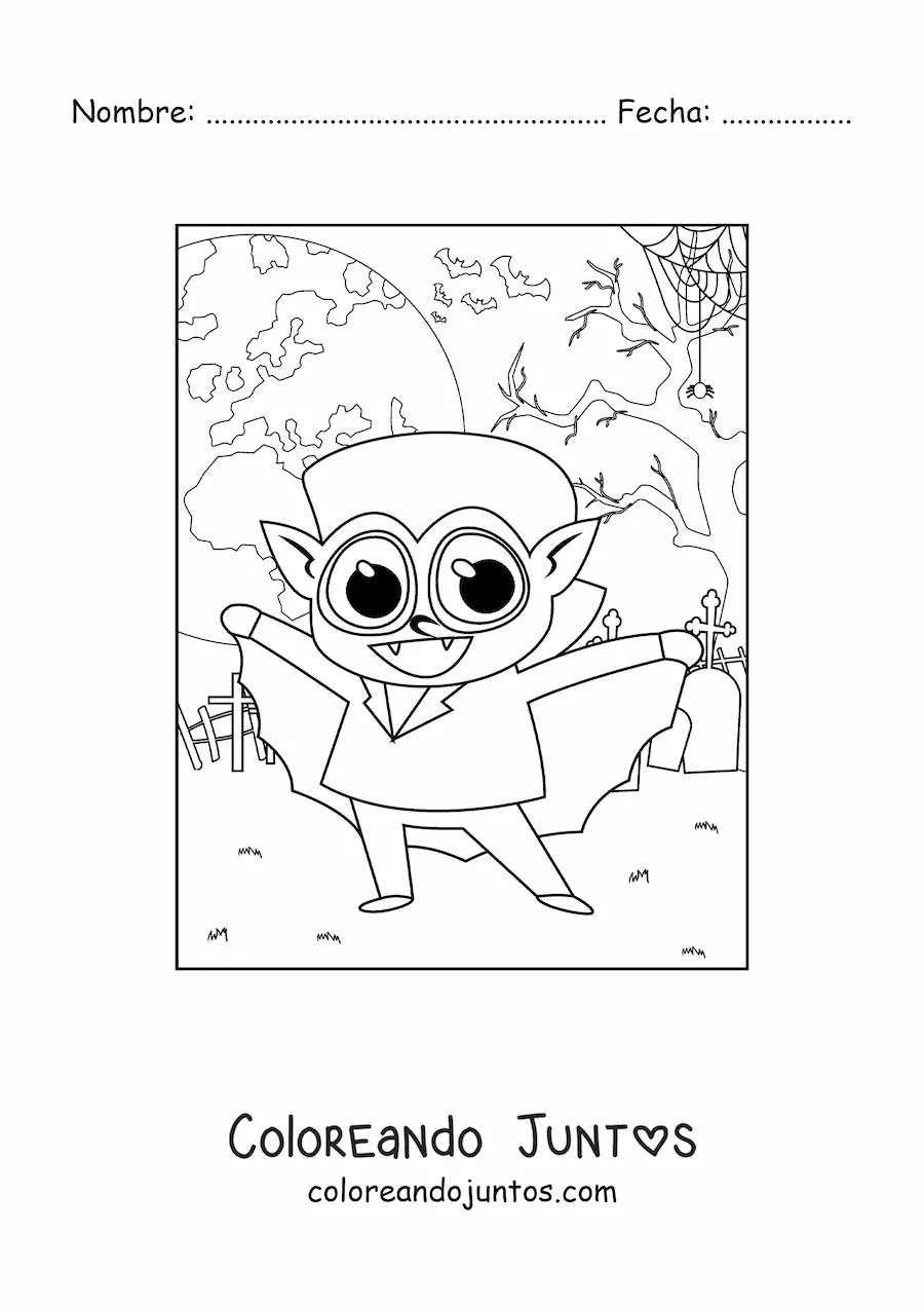 Imagen para colorear de vampiro kawaii en Halloween en un cementerio en la noche de Halloween