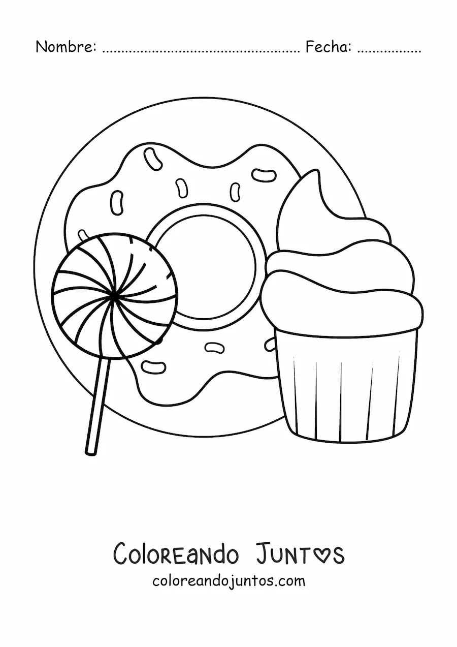 Imagen para colorear de una dona junto a un cupcake y una paleta