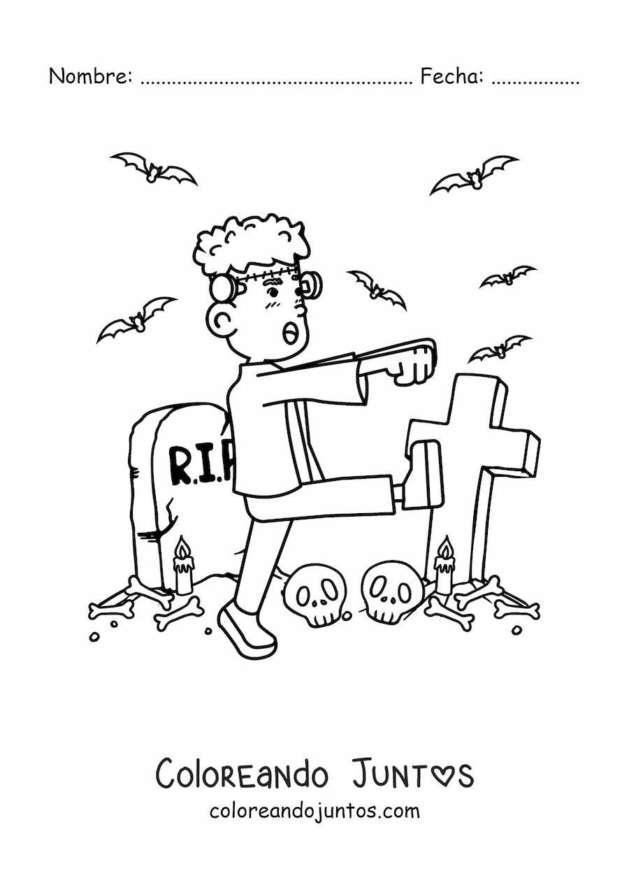Imagen para colorear de Frankenstein animado caminando en un cementerio en Halloween