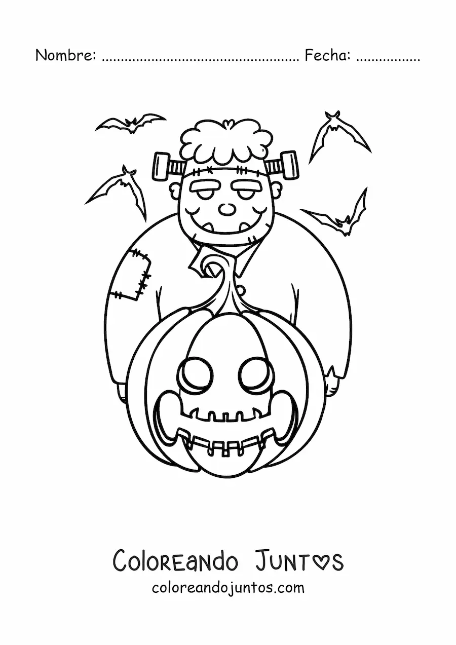 Imagen para colorear de Frankenstein animado grande con calabaza de Halloween