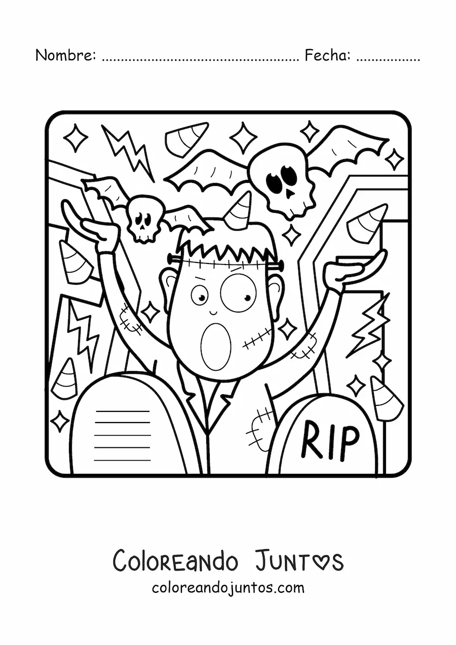 Imagen para colorear de Frankenstein animado con calavera y dulces de Halloween