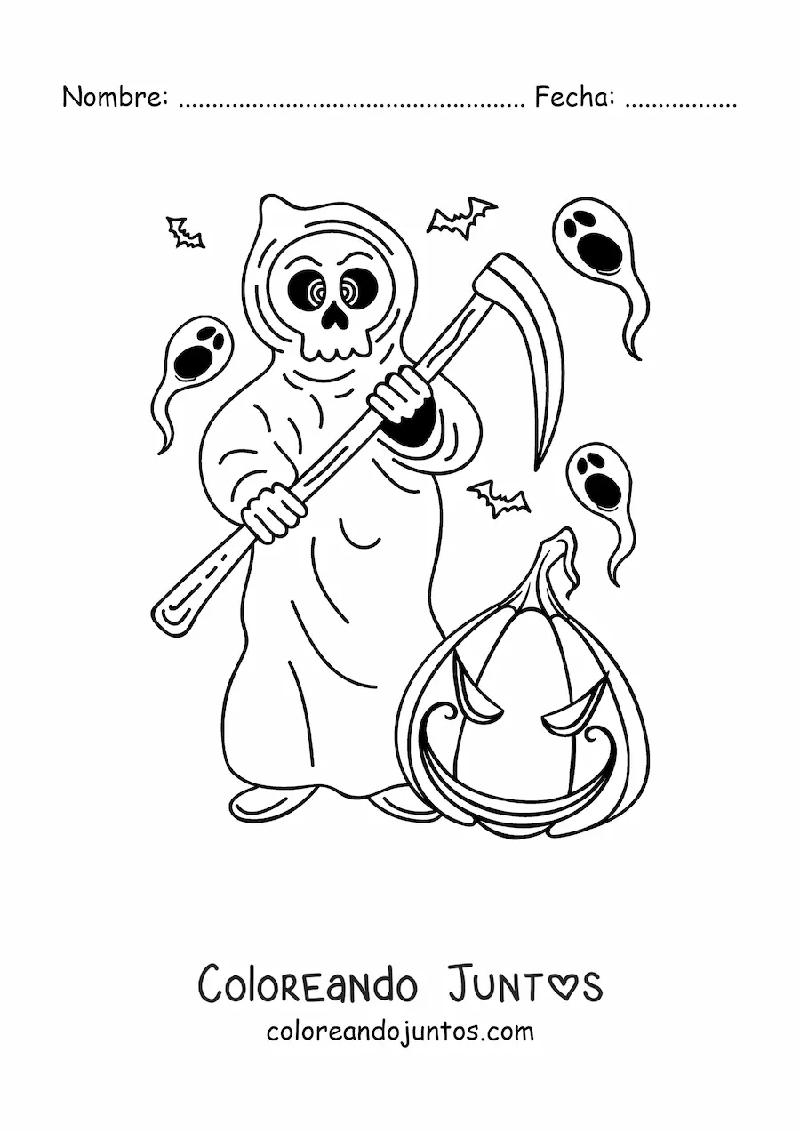 Imagen para colorear de la muerte con calabaza de Halloween aterradora
