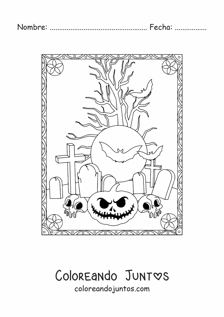Imagen para colorear de calabaza de Halloween aterradora con tumbas y murciélagos