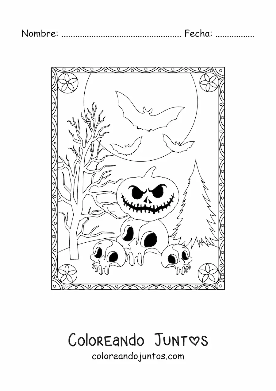Imagen para colorear de calabazas de Halloween aterradoras con calaveras y murciélagos