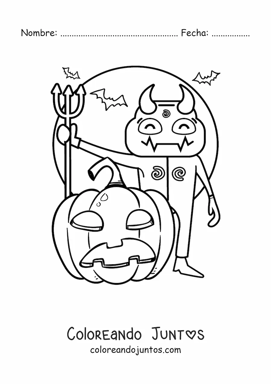 Imagen para colorear de diablo de Halloween aterrador con calabaza y murciélagos