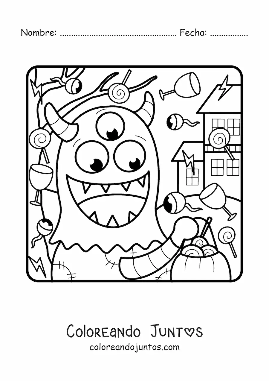 Imagen para colorear de monstruo animado con dulces de Halloween