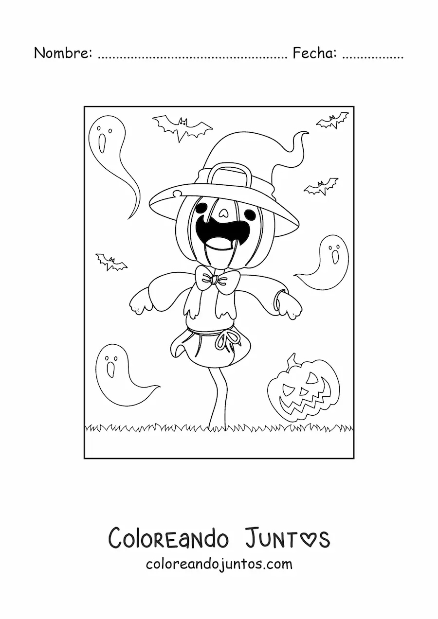 Imagen para colorear de espantapájaros de Halloween con fantasmas