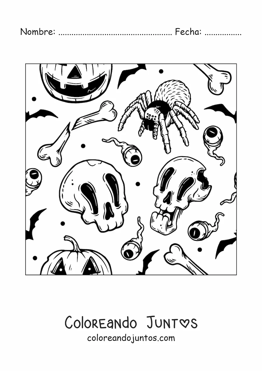 Imagen para colorear de araña de Halloween con calaveras