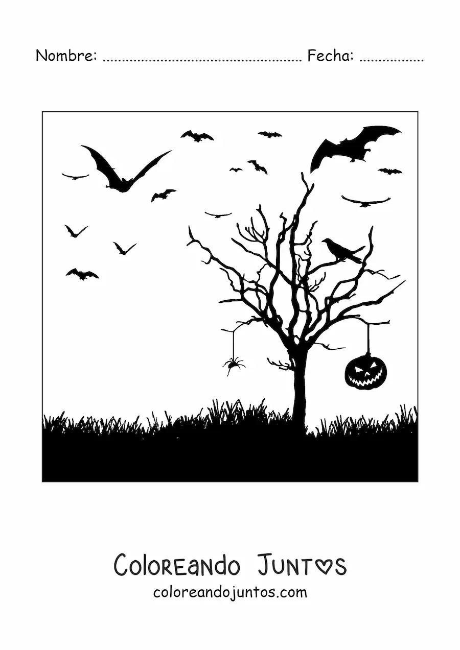 Imagen para colorear de silueta de una araña colgando de un árbol en la noche de Halloween