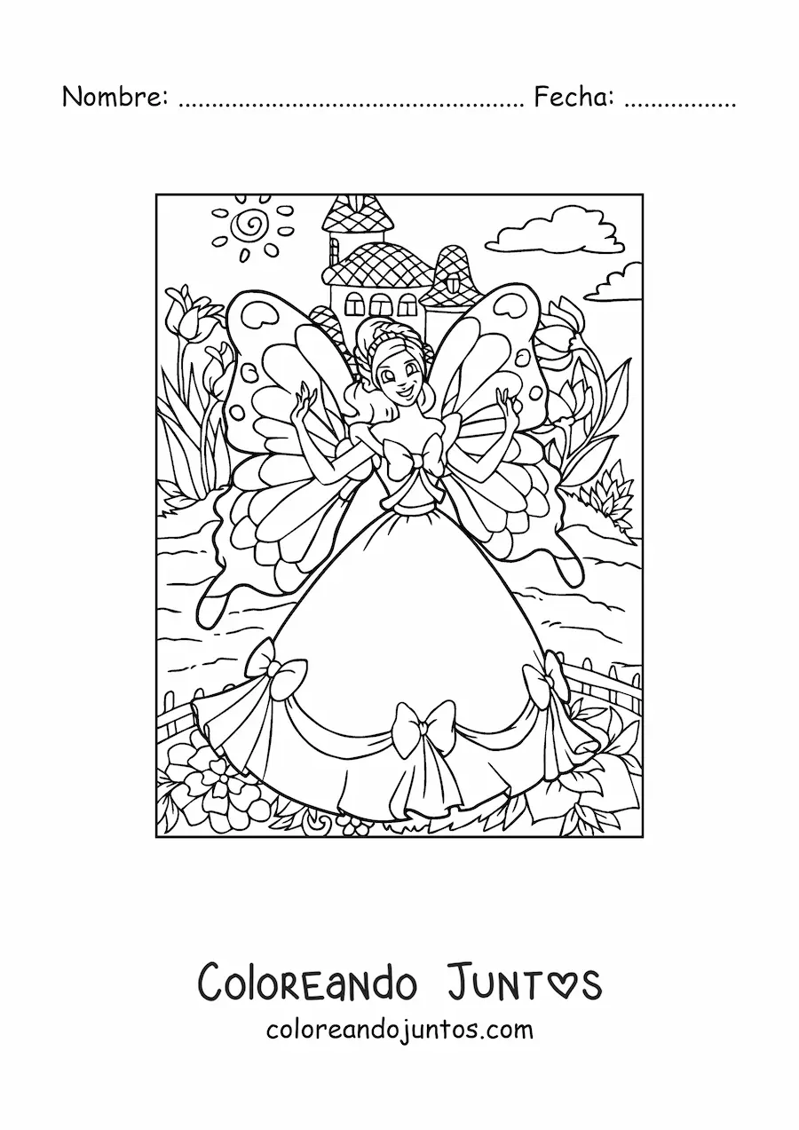 Imagen para colorear de princesa hada mariposa en jardín mágico
