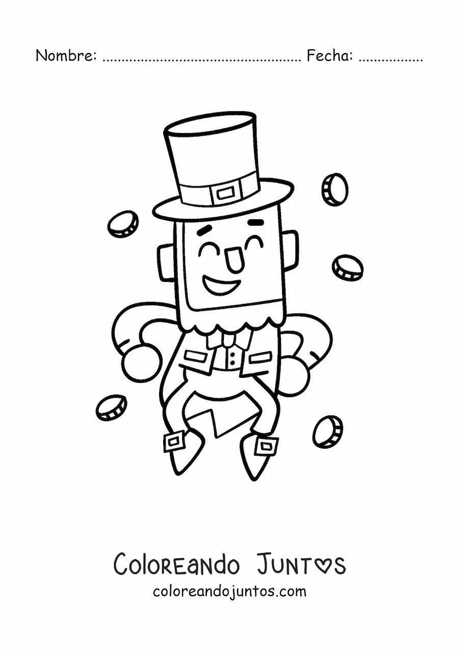 Imagen para colorear de leprechaun kawaii bailando con dinero