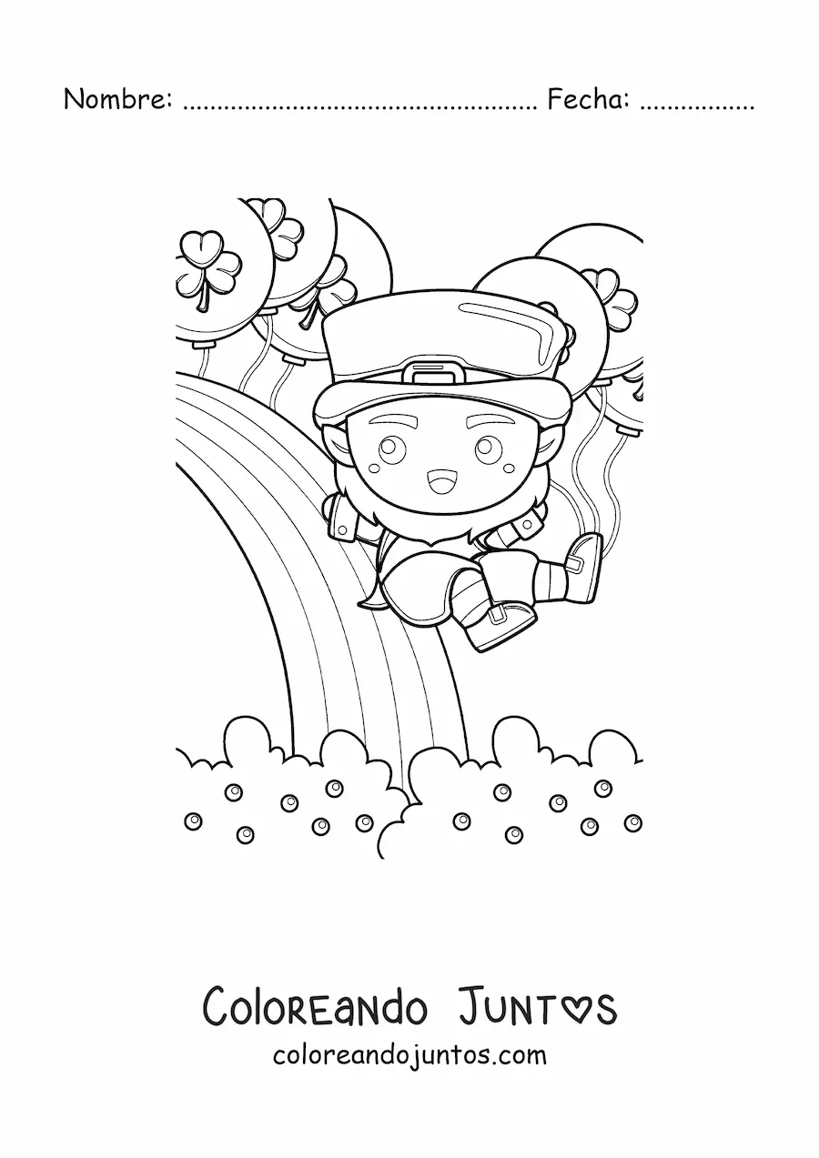 Imagen para colorear de duende de la suerte kawaii deslizándose en un arcoíris