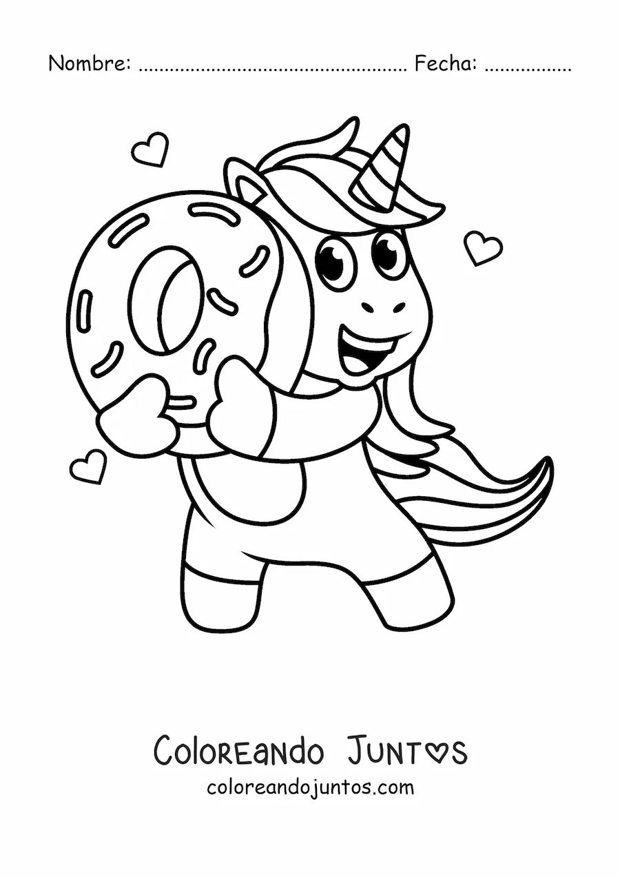 Imagen para colorear de un unicornio animado sujetando una dona