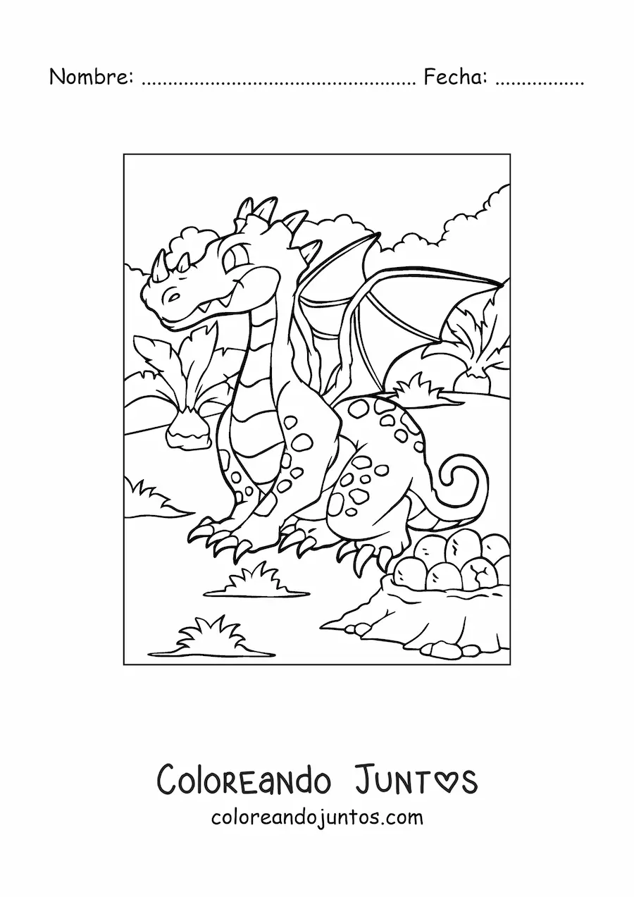 Imagen para colorear de dragón animado sentado junto a sus huevos