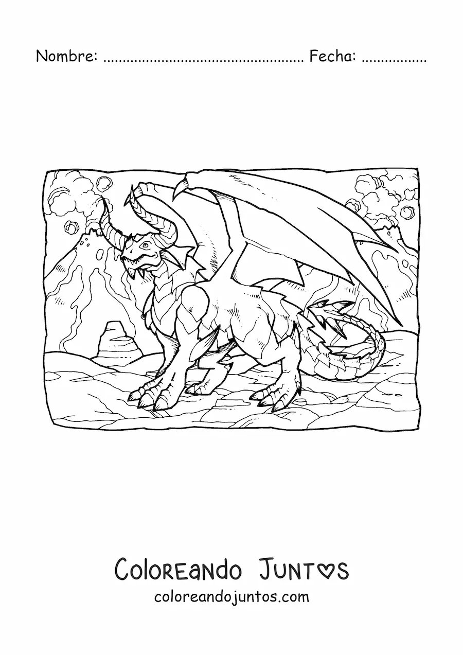 Imagen para colorear de dragón mitológico aterrador con cuernos
