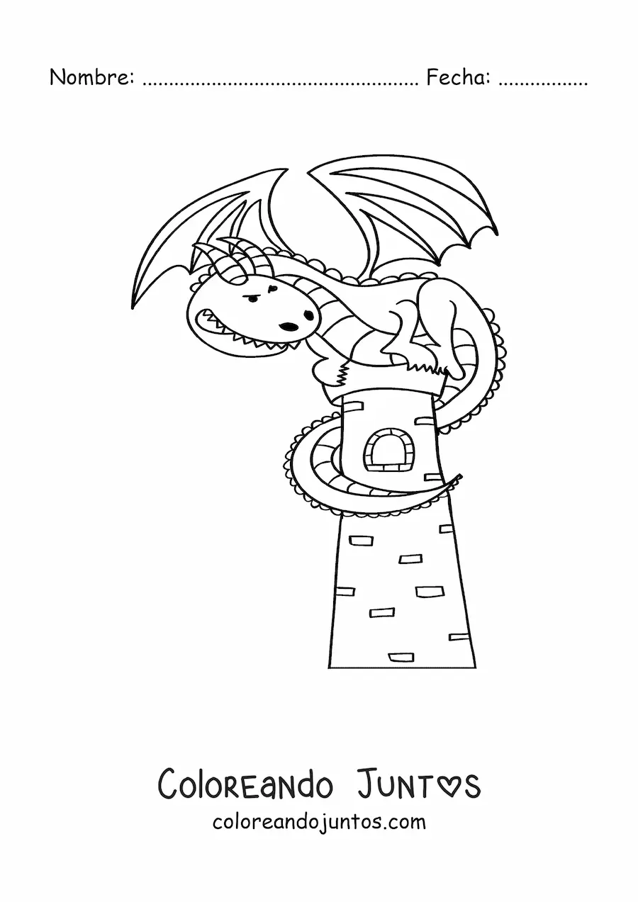 Imagen para colorear de dragón animado en una torre
