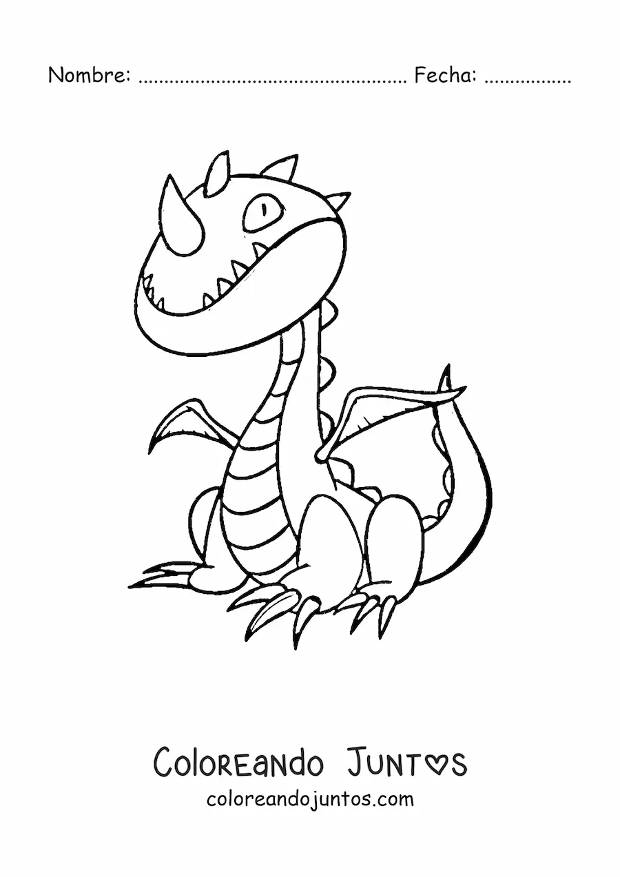 Imagen para colorear de dragón animado con un cuerno