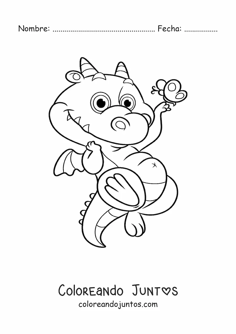 Imagen para colorear de caricatura de pequeño dragón volando con una mariposa