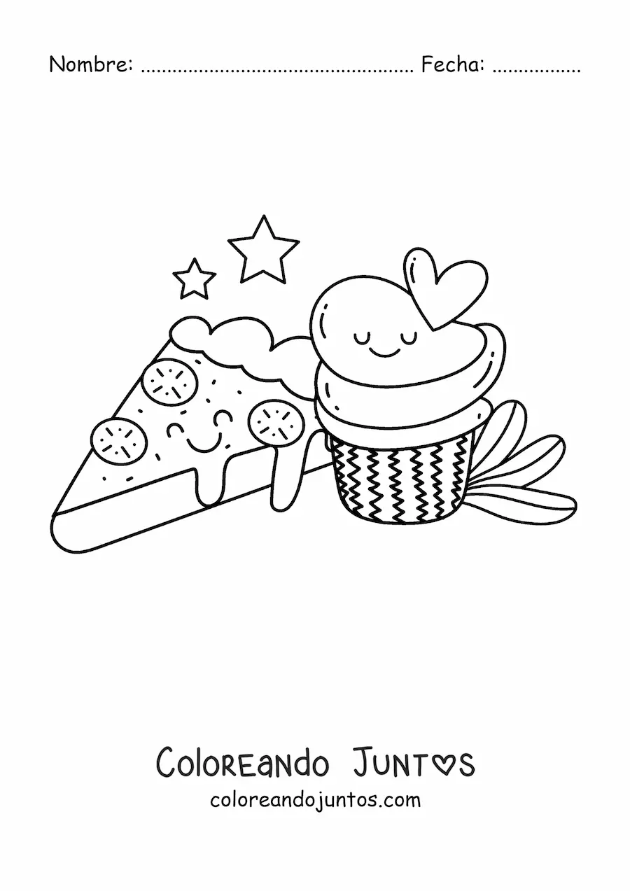 Imagen para colorear de una rebanada de pizza junto a un cupcake kawaii