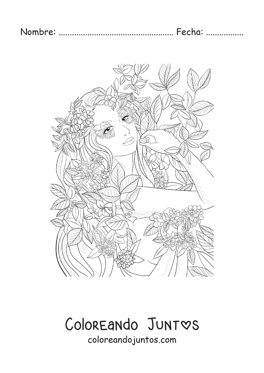 Imagen para colorear de hermosa elfa realista con flores