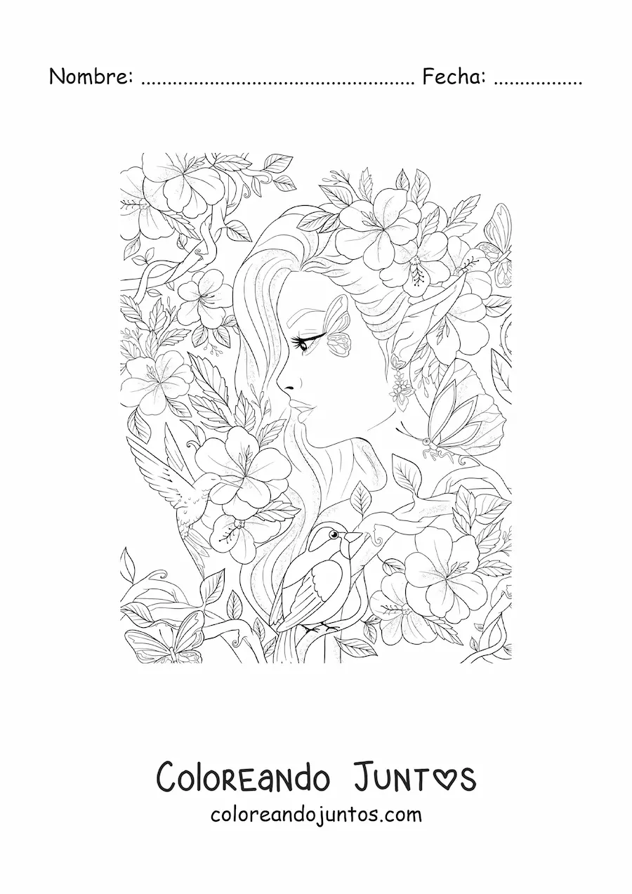 Imagen para colorear de mujer elfo del bosque con flores y aves