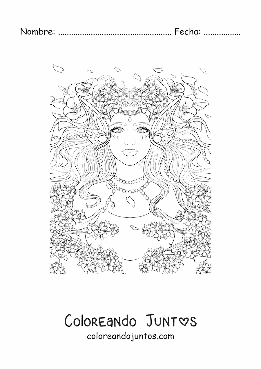 Imagen para colorear de mujer elfo realista con flores