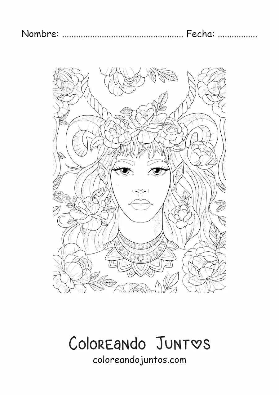 Imagen para colorear de hermosa mujer elfo con cuernos y flores