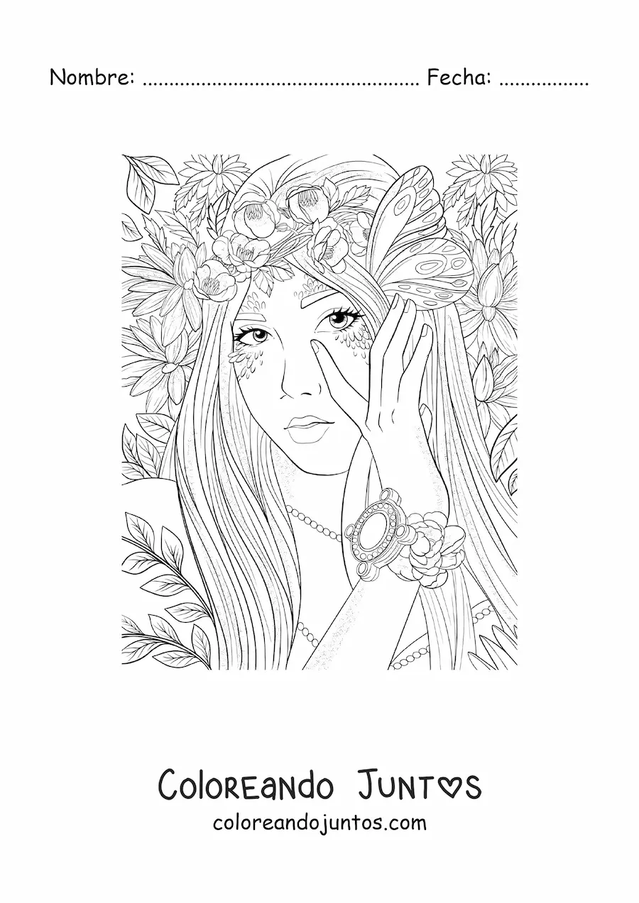 Imagen para colorear de hermosa mujer elfo del bosque