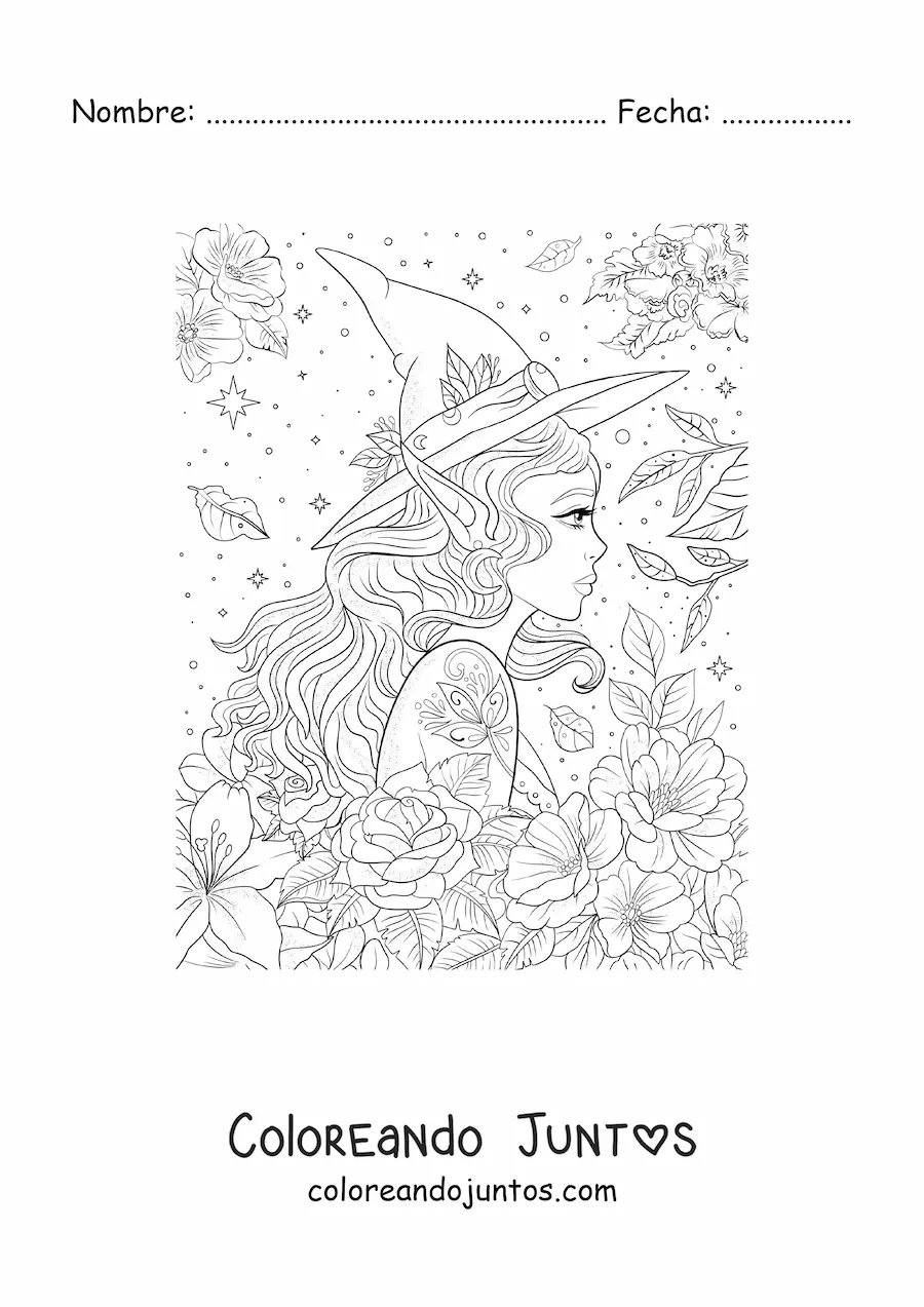 Imagen para colorear de mujer con sombrero de bruja y orejas de elfo