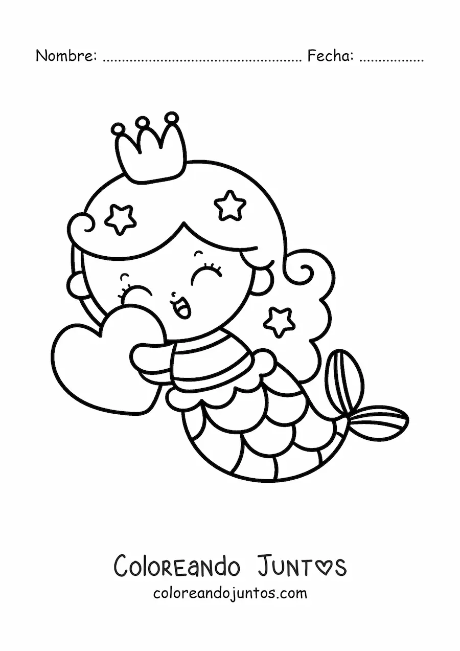Imagen para colorear de princesa sirena kawaii con corazón