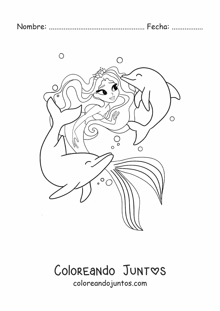 Imagen para colorear de princesa sirena bonita con delfines