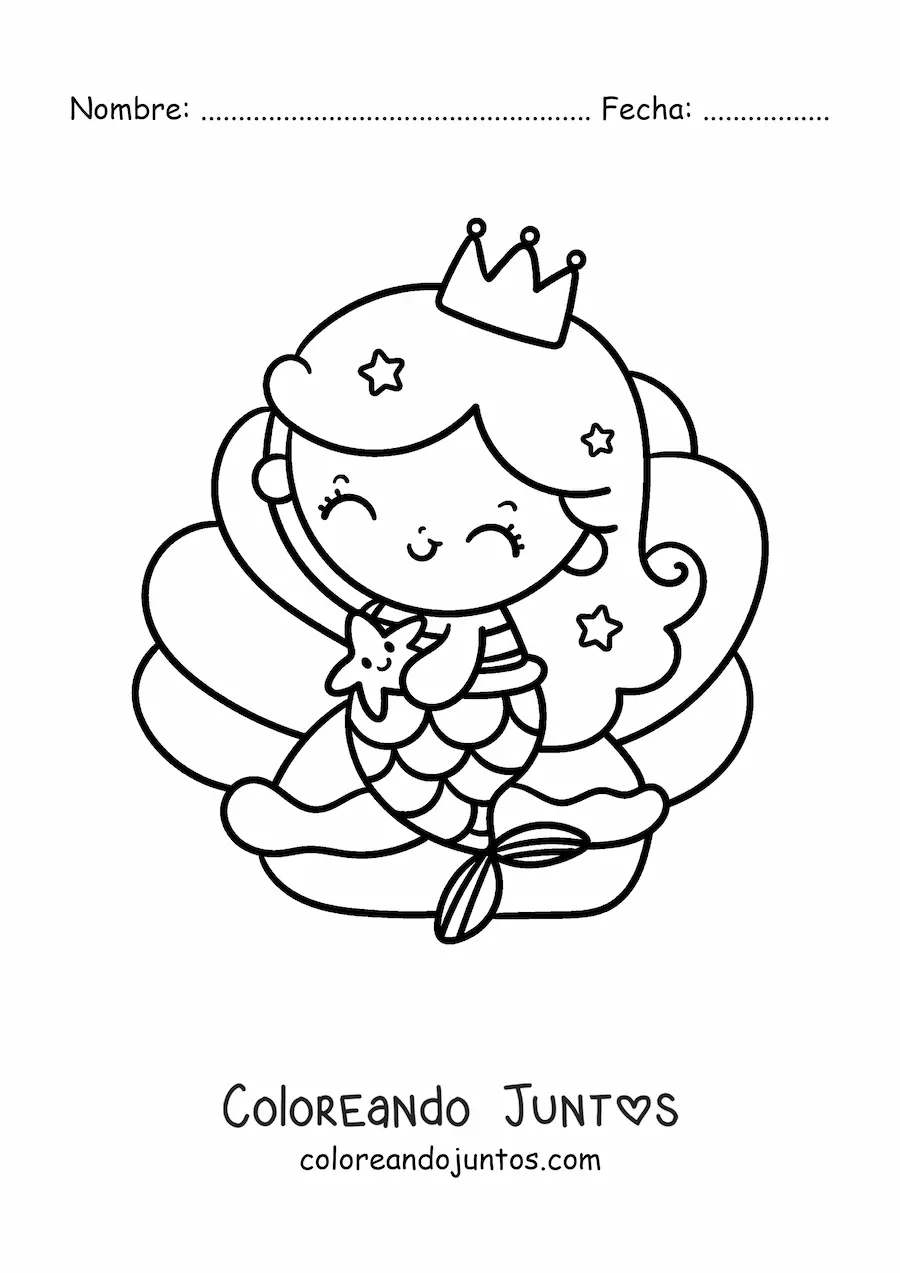Imagen para colorear de princesa sirena kawaii sentada en una concha marina