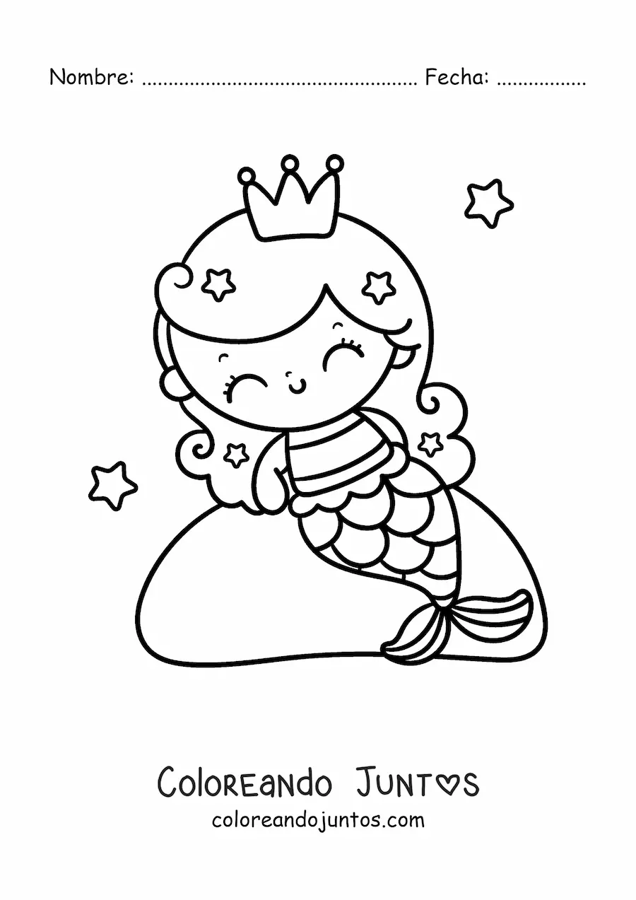 Imagen para colorear de princesa sirena kawaii sentada en una roca