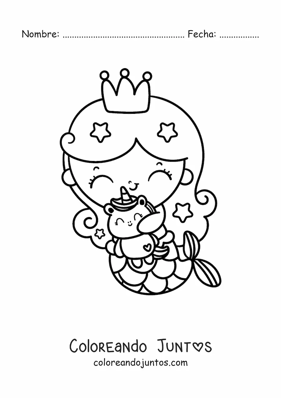 Imagen para colorear de princesa sirena kawaii con peluche de unicornio