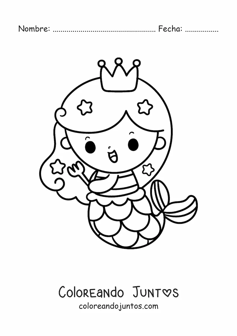 Imagen para colorear de princesa sirena kawaii con un tenedor