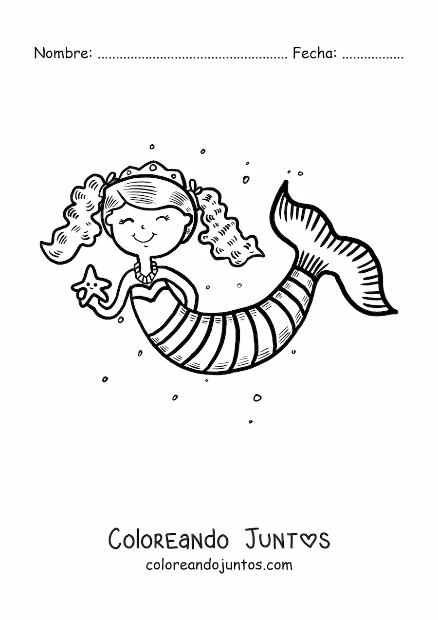 Imagen para colorear de princesa sirena con una estrella de mar