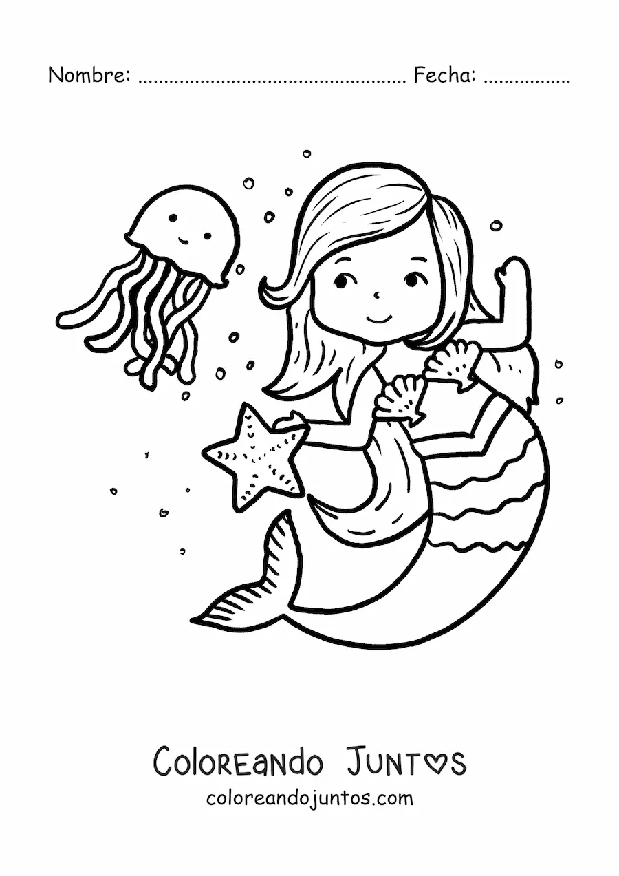 Imagen para colorear de sirena animada bailando con medusa y estrella de mar