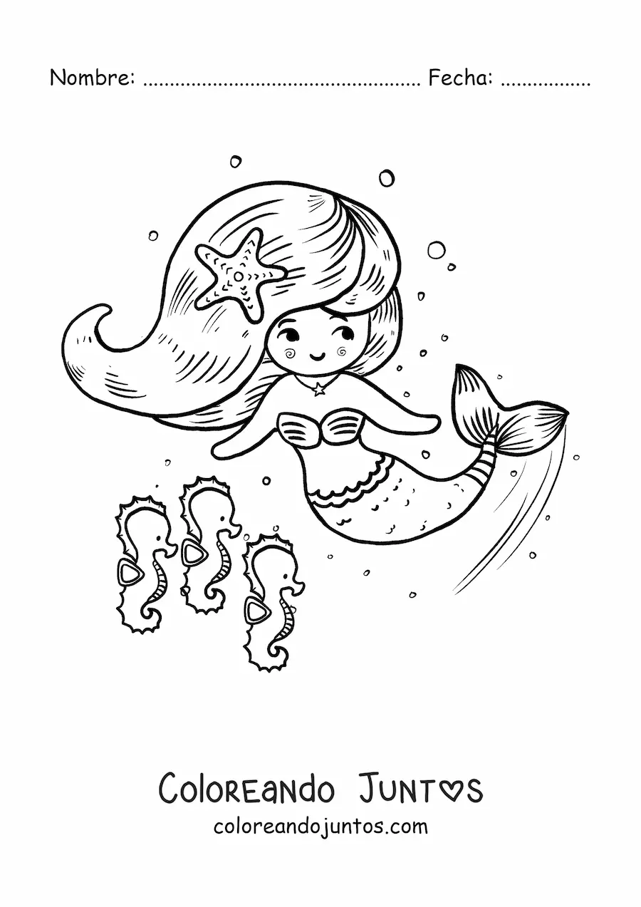Imagen para colorear de sirena animada nadando con caballitos de mar