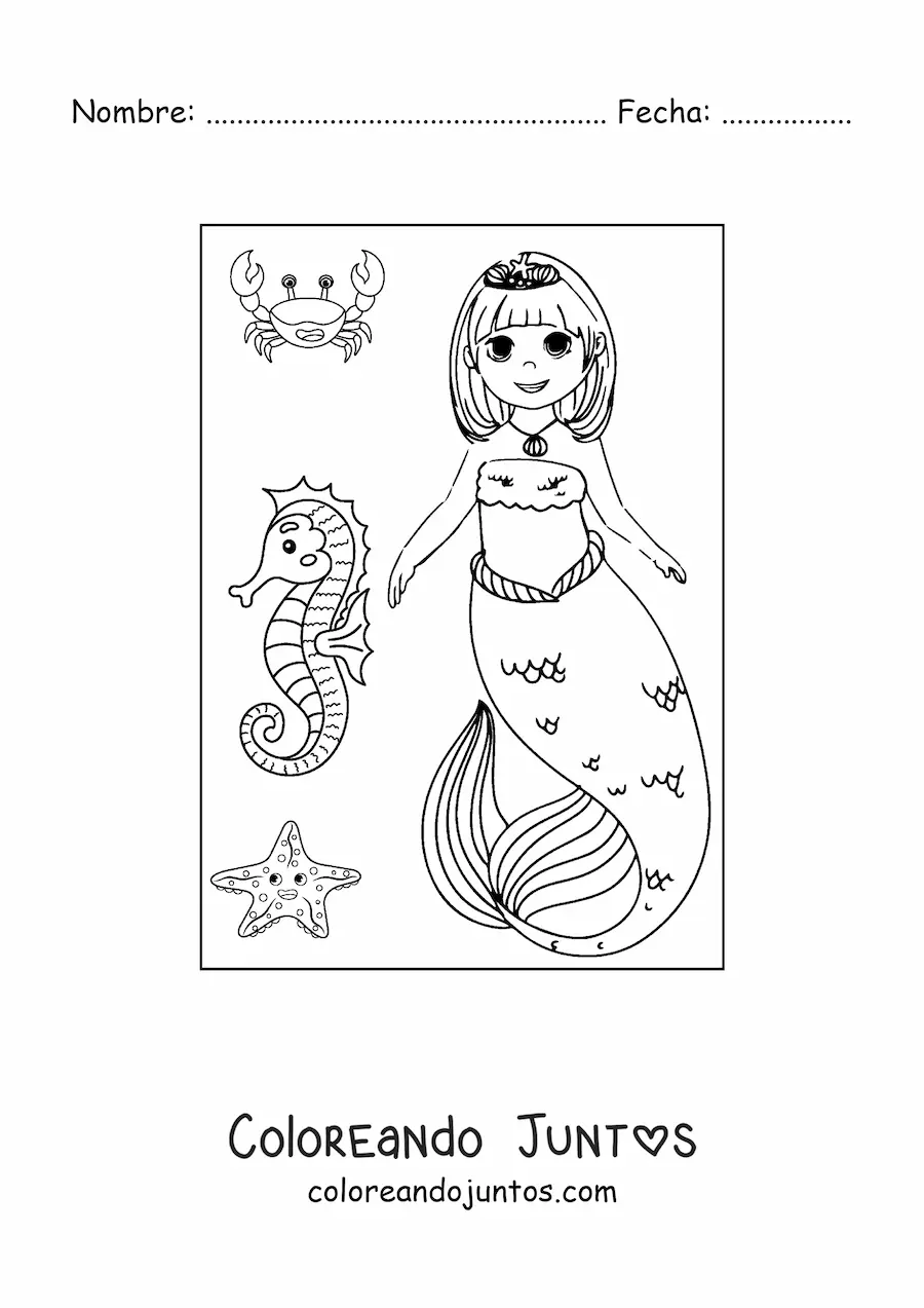 Imagen para colorear de princesa sirena estilo anime con caballito de mar