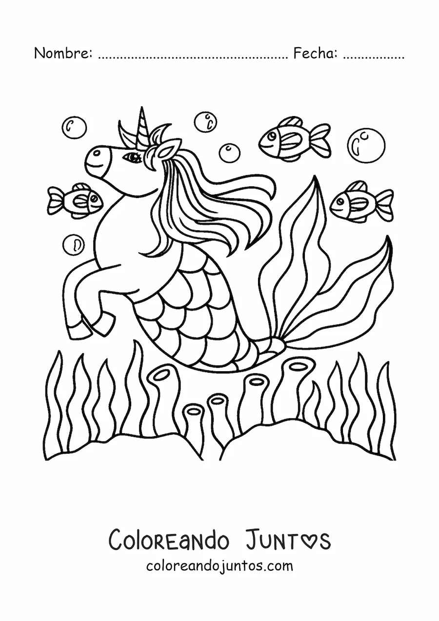 Imagen para colorear de unicornio sirena nadando con peces