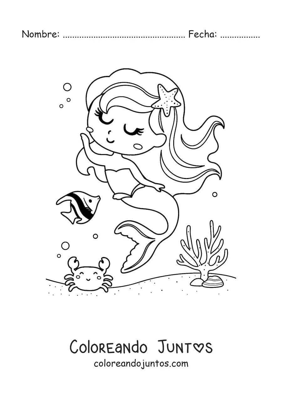 Imagen para colorear de sirena bailando con un pez y un cangrejo