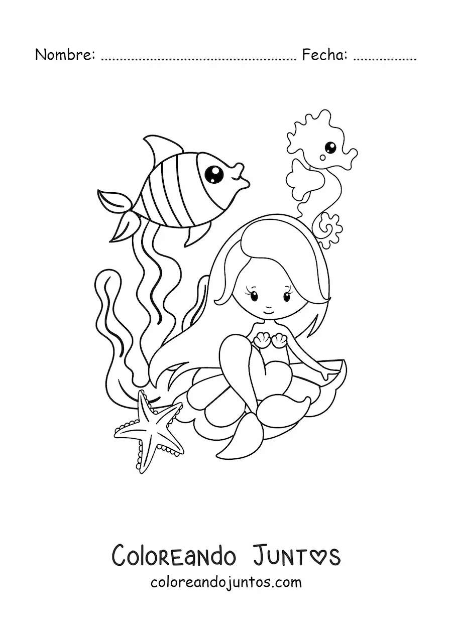 Imagen para colorear de sirena kawaii sentada en una concha marina con peces