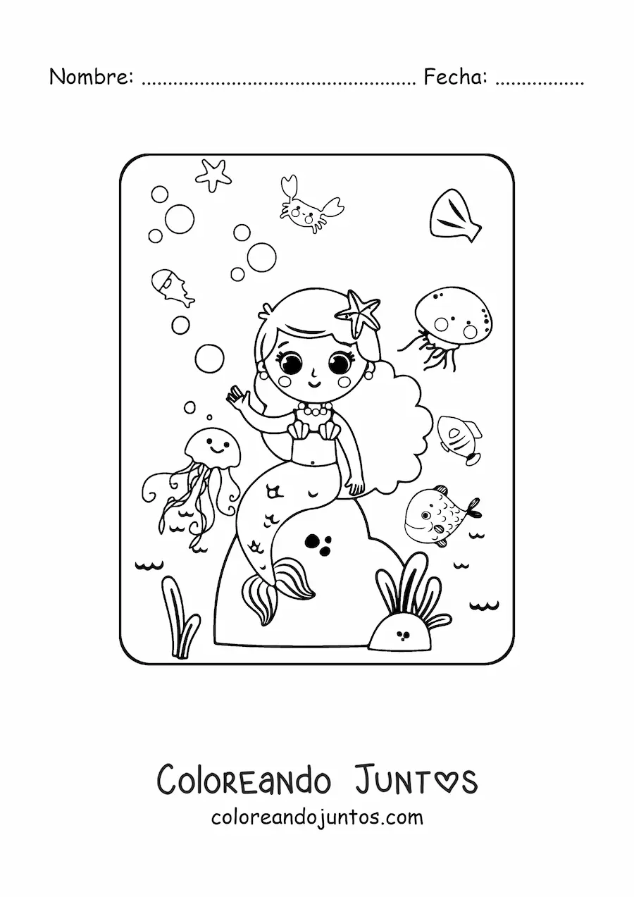 Imagen para colorear de sirena kawaii sentada en una roca con peces